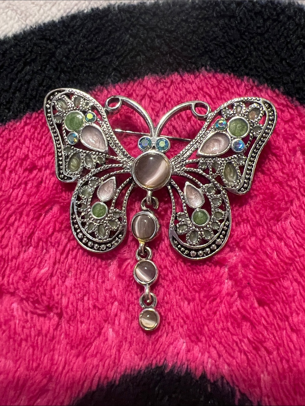 Silver-Tone Butterfly Brooch with Pink and Green Accents vintage